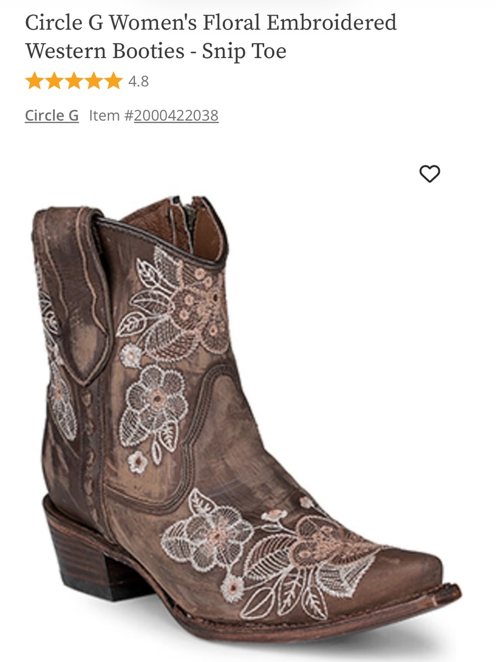 Circle G Brown Leather Ankle Boot with Cream & Blush Floral Embroidery Size 6